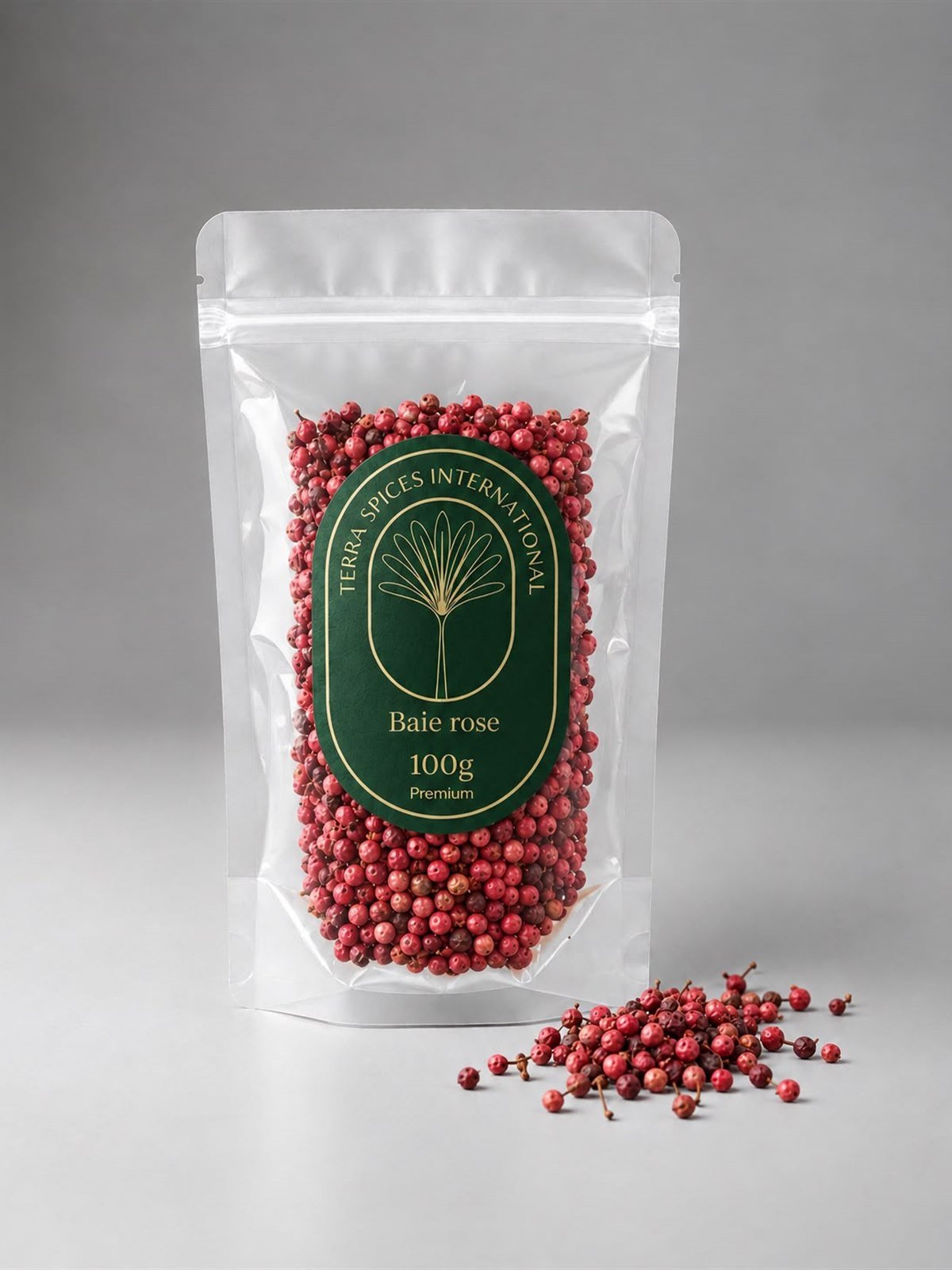 Sachet Terra Spices de baie rose, 100 g, baies disposées devant le sachet